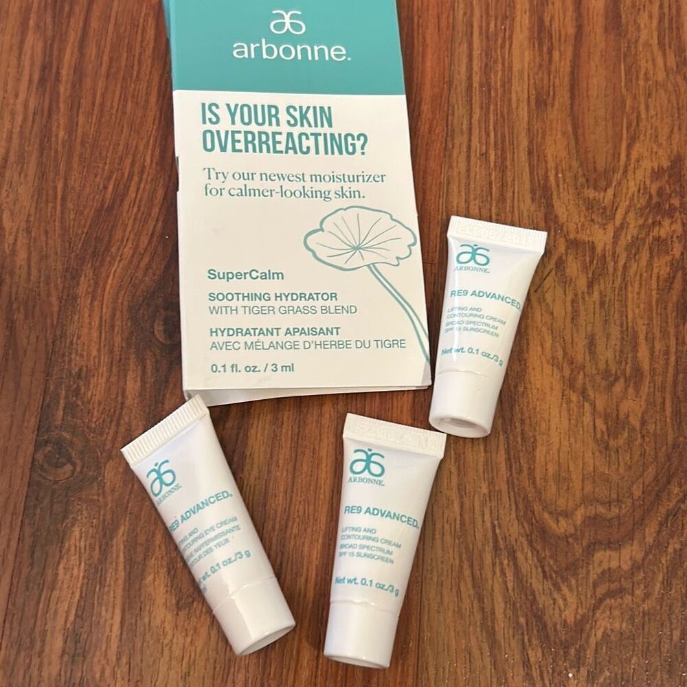 NEW arbonne 4 pcs sample set. RE9 advanced SPF 15 sunscreen and super calm